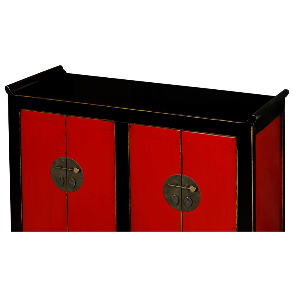 Distressed Red and Black Elmwood Altar Style Ming Cabinet