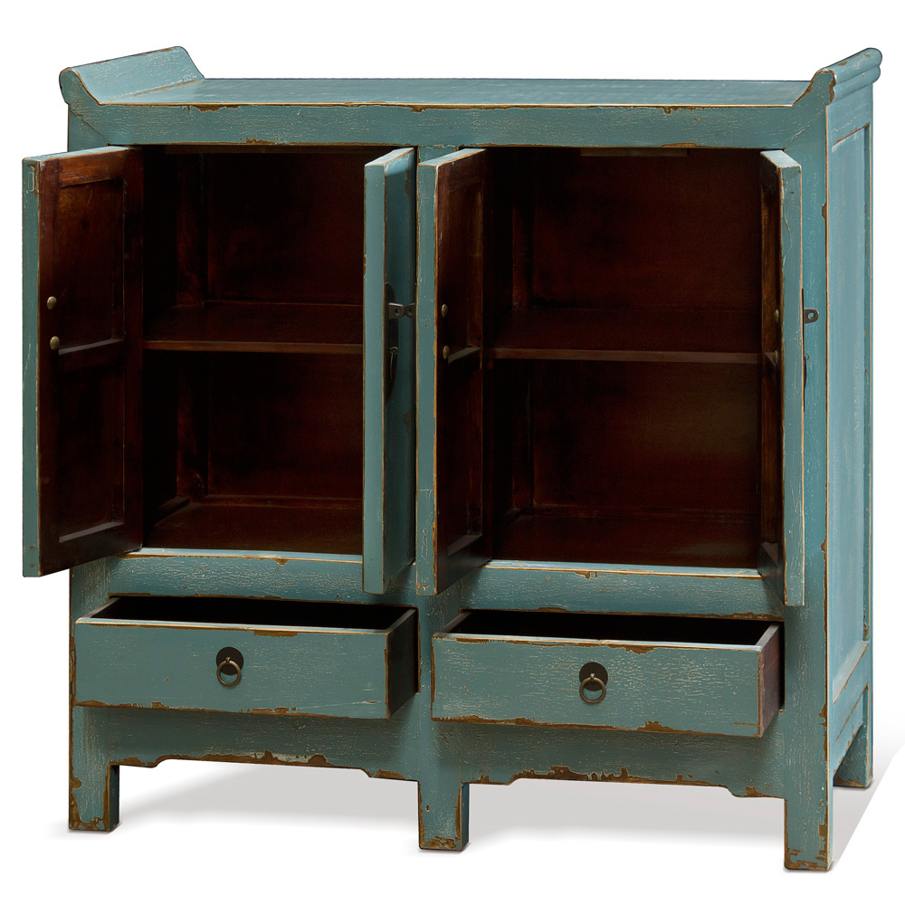 Distressed Powder Blue Elmwood Altar Style Ming Cabinet
