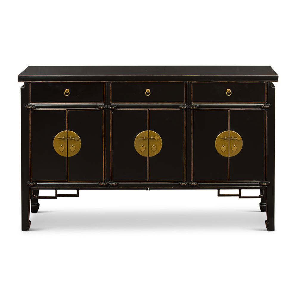 Distressed Black Elmwood Oriental Peking Sideboard