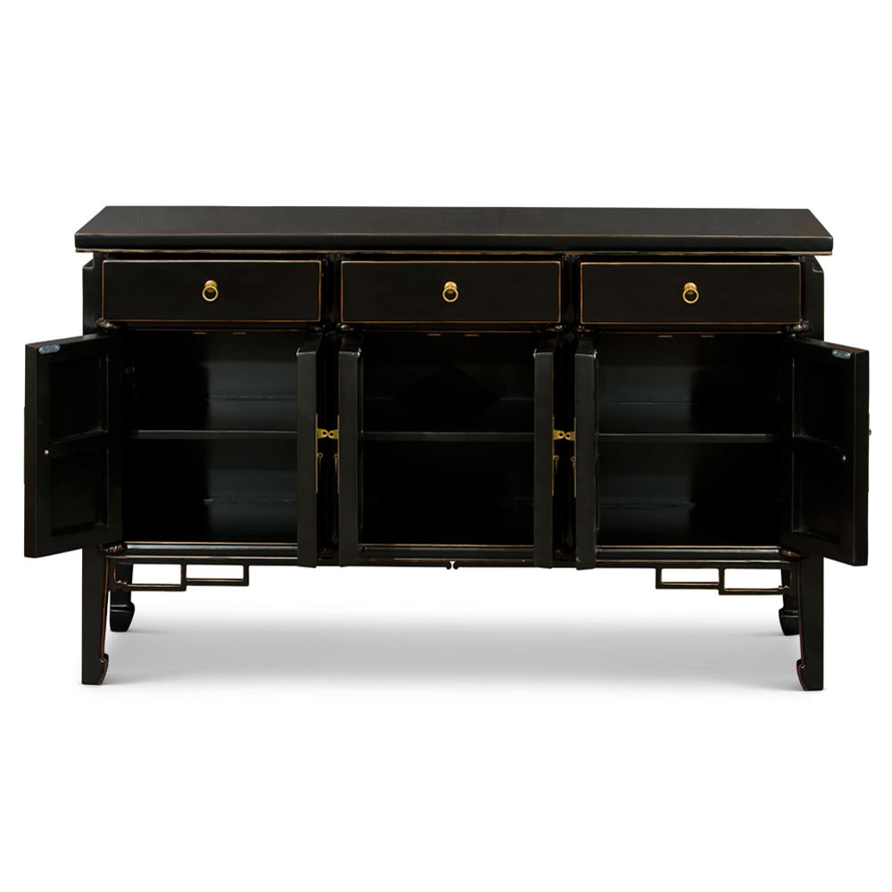 Distressed Black Elmwood Oriental Peking Sideboard