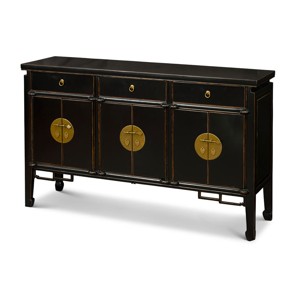 Distressed Black Elmwood Oriental Peking Sideboard