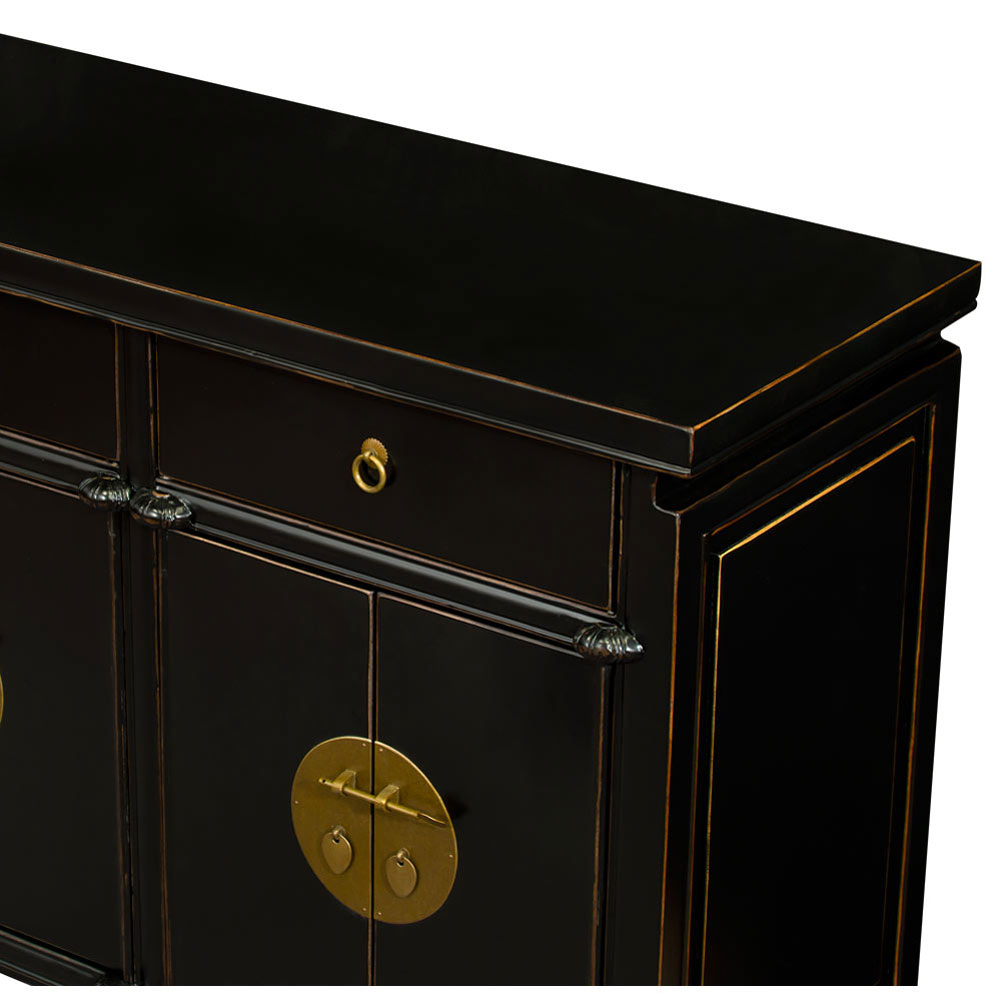 Distressed Black Elmwood Oriental Peking Sideboard