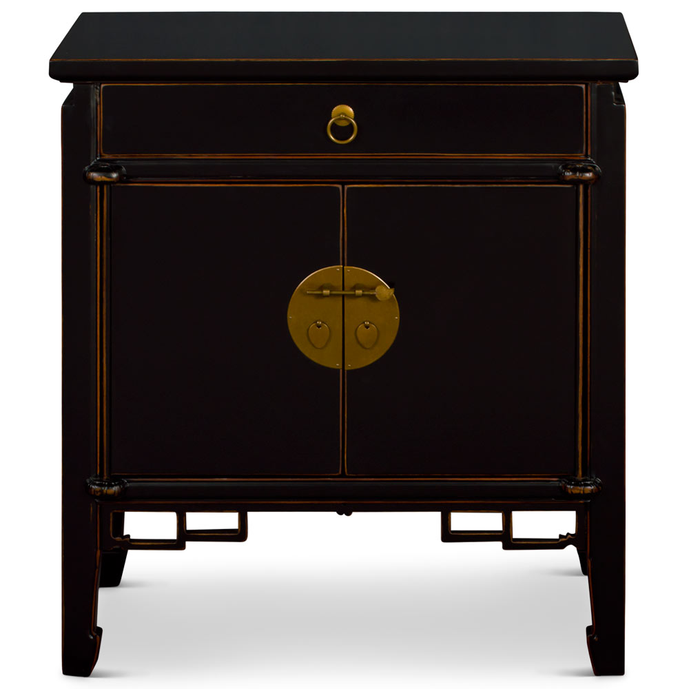 Distressed Black Elmwood Oriental Peking Cabinet