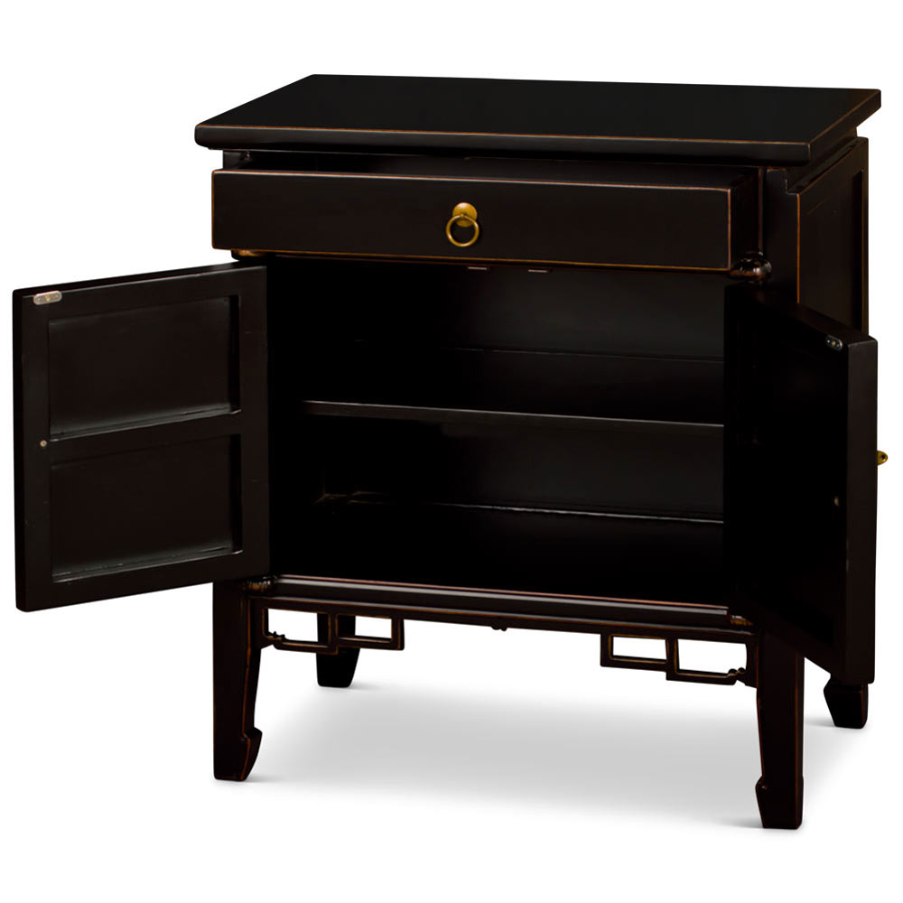 Distressed Black Elmwood Oriental Peking Cabinet