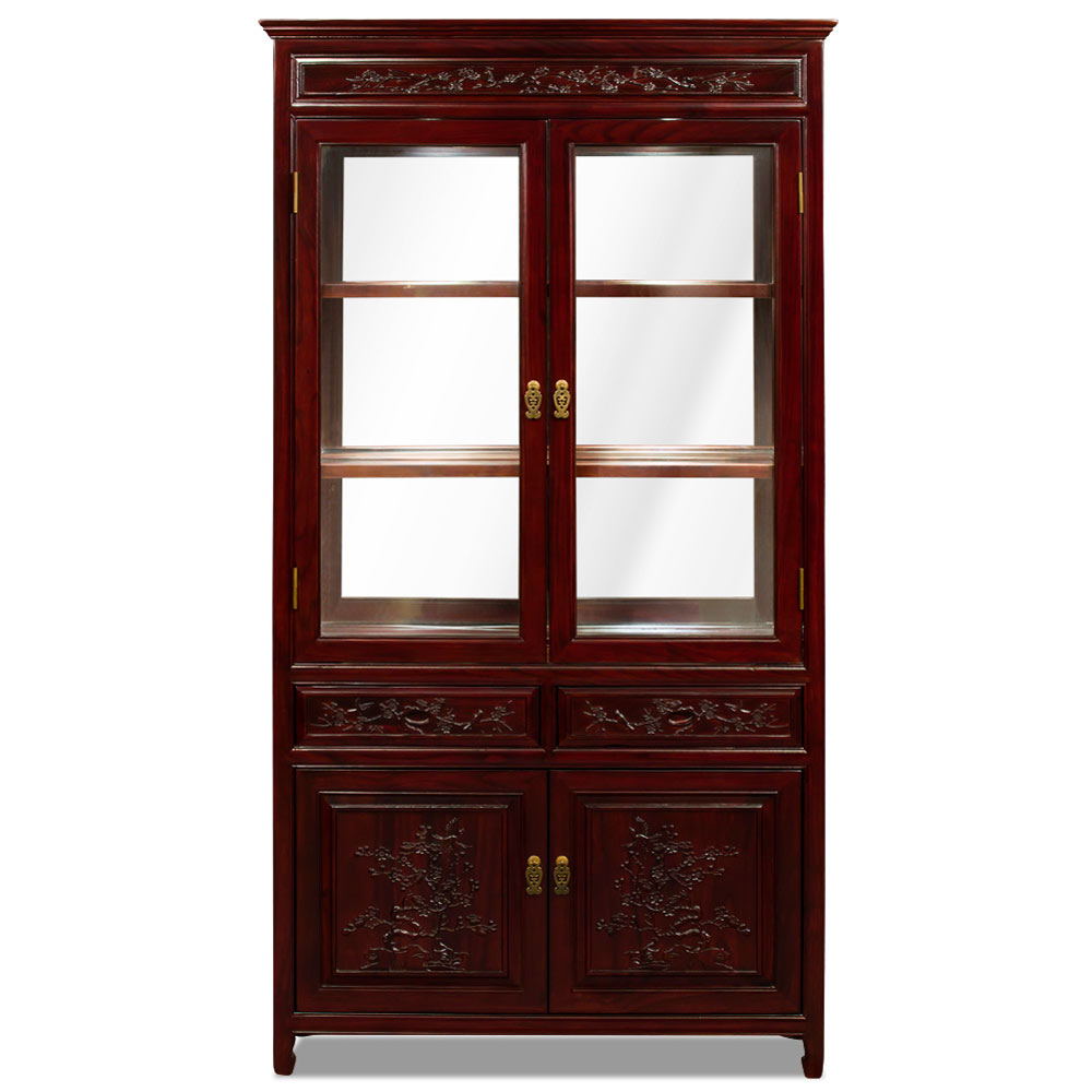 Dark Cherry Elmwood Flower and Bird Design Oriental Curio Cabinet