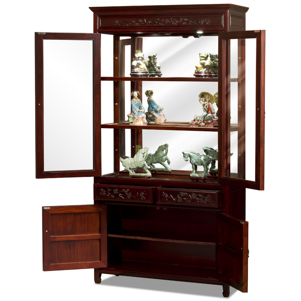 Dark Cherry Elmwood Flower and Bird Design Oriental Curio Cabinet