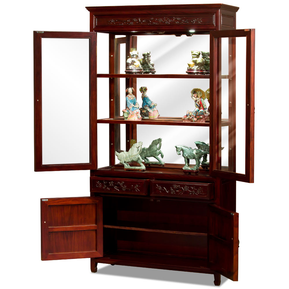 Dark Cherry Elmwood Flower and Bird Design Oriental Curio Cabinet