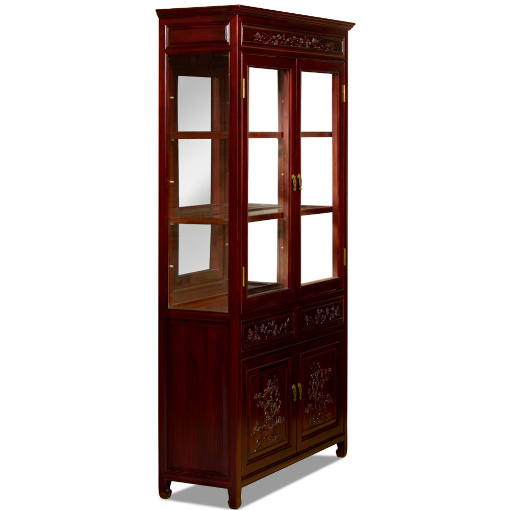 Dark Cherry Elmwood Flower and Bird Design Oriental Curio Cabinet