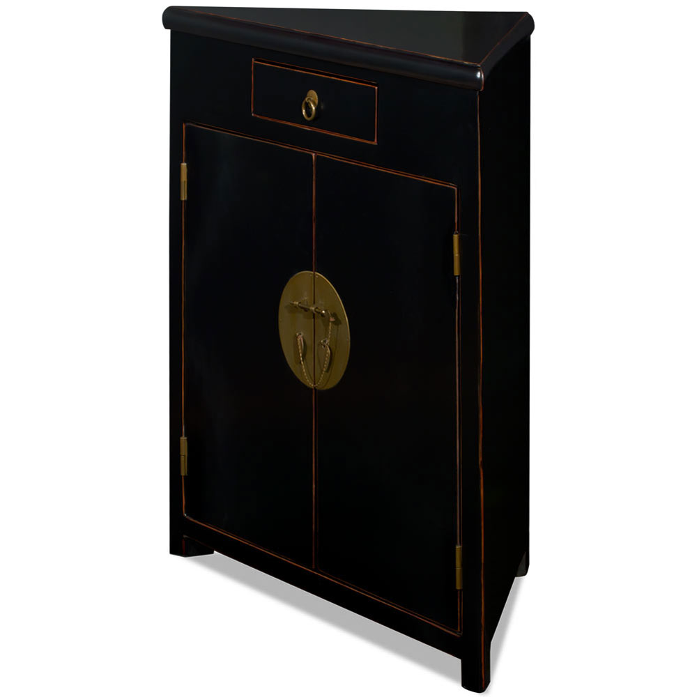 Distressed Black Elmwood Ming Style Oriental Corner Cabinet