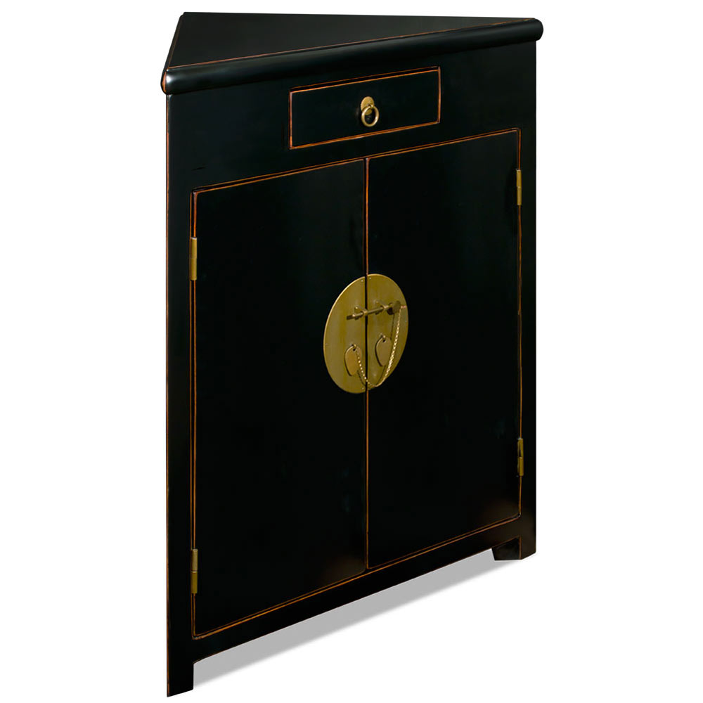 Distressed Black Elmwood Ming Style Oriental Corner Cabinet