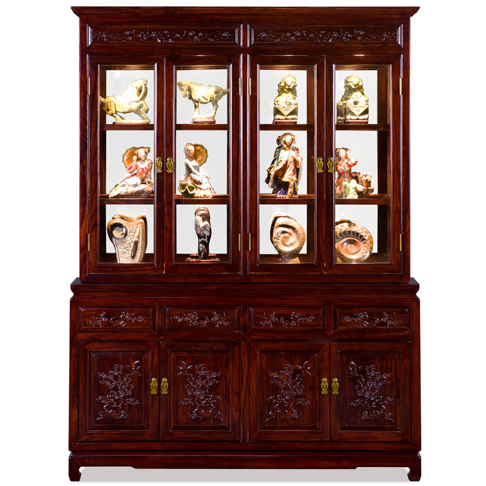 Dark Cherry Elmwood Bird and Flower Oriental China Cabinet