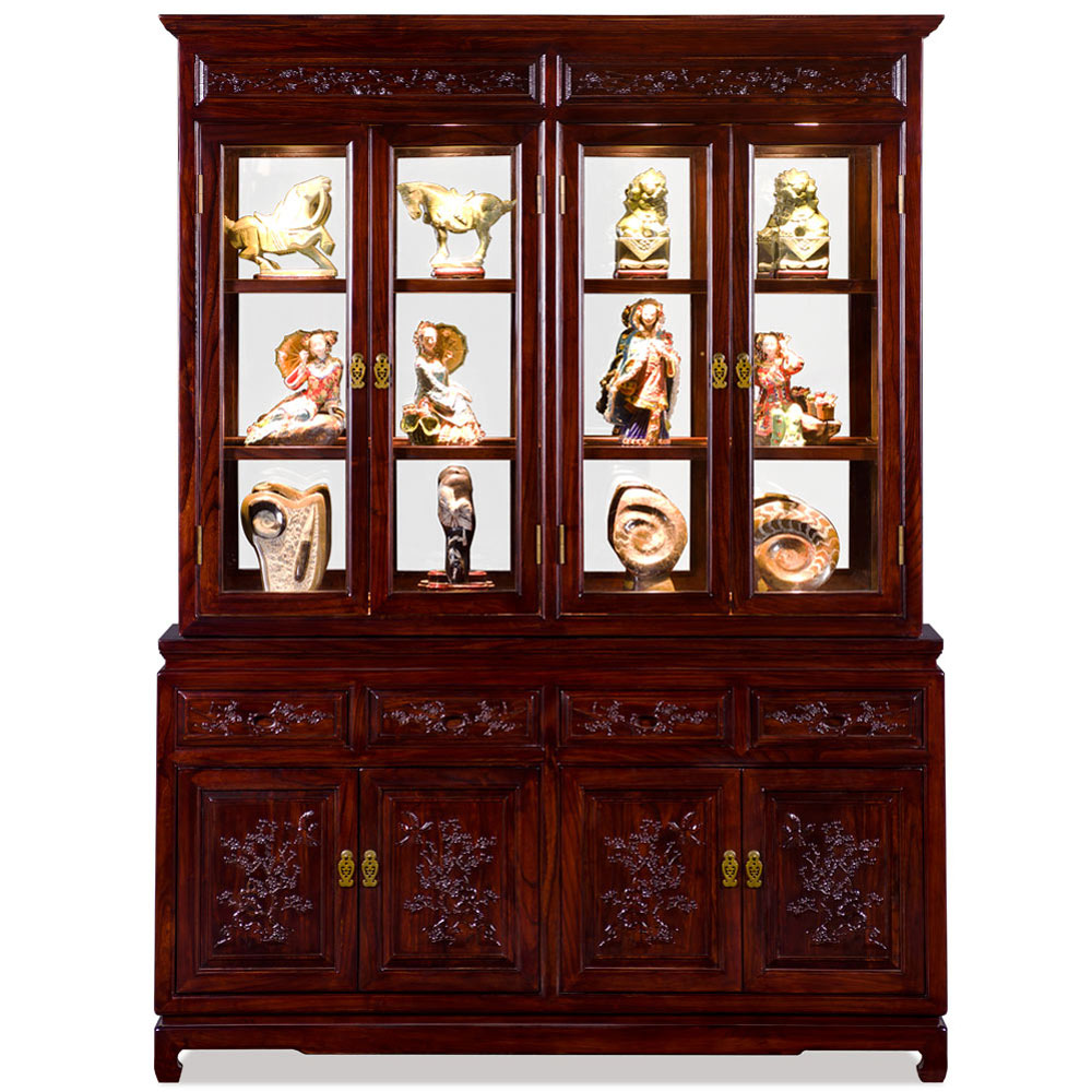 Dark Cherry Elmwood Bird and Flower Oriental China Cabinet