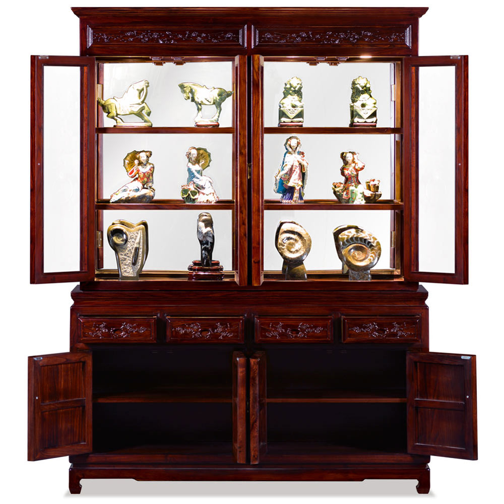 Dark Cherry Elmwood Bird and Flower Oriental China Cabinet