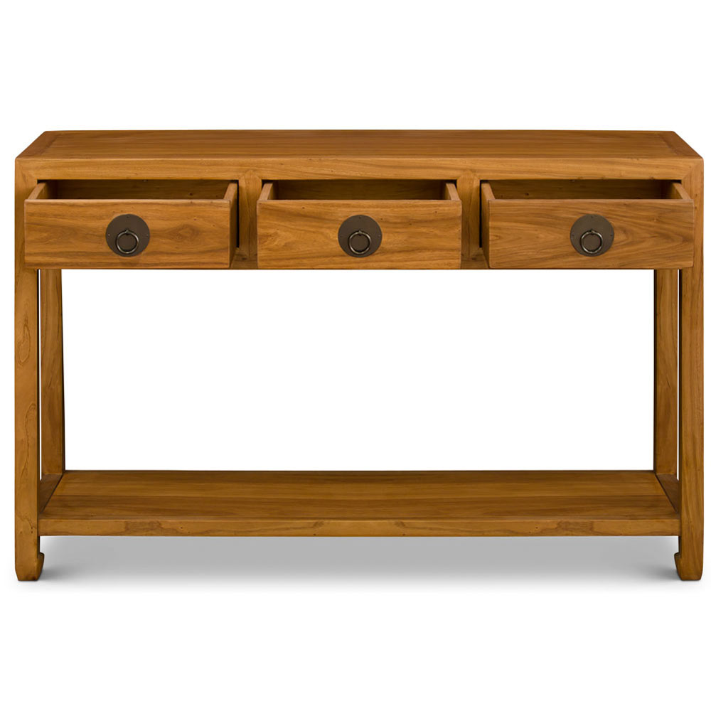 Natural Elmwood Chinese Ming Console Table with 3 Drawers and Shelf