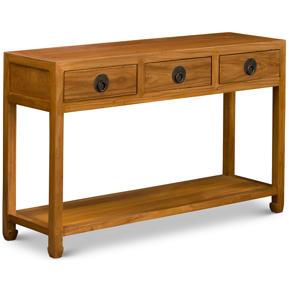 Natural Elmwood Chinese Ming Console Table with 3 Drawers and Shelf