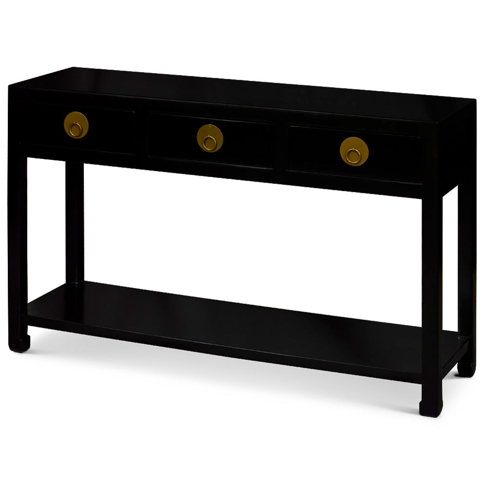 Matte Black Elmwood Chinese Ming Console Table with 3 Drawers and Shelf