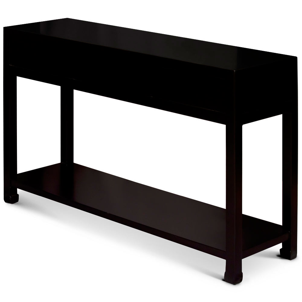 Matte Black Elmwood Chinese Ming Console Table with 3 Drawers and Shelf