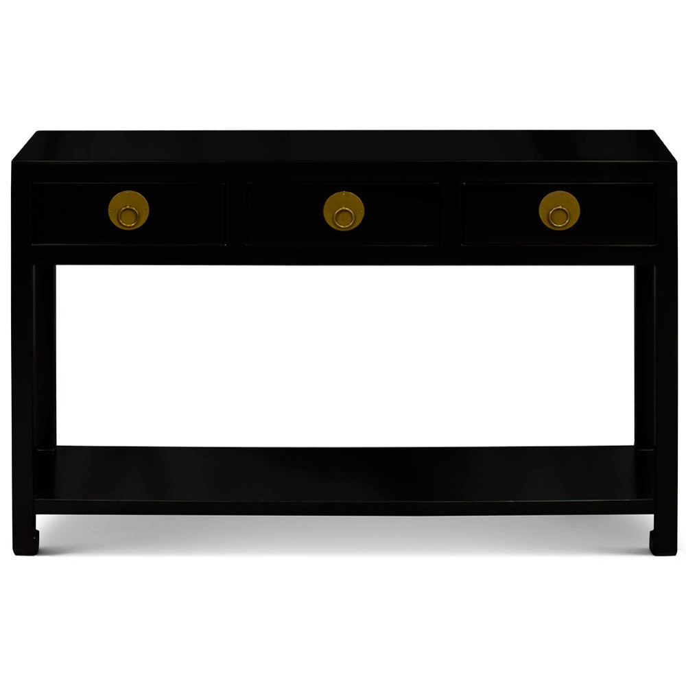 Matte Black Elmwood Chinese Ming Console Table with 3 Drawers and Shelf