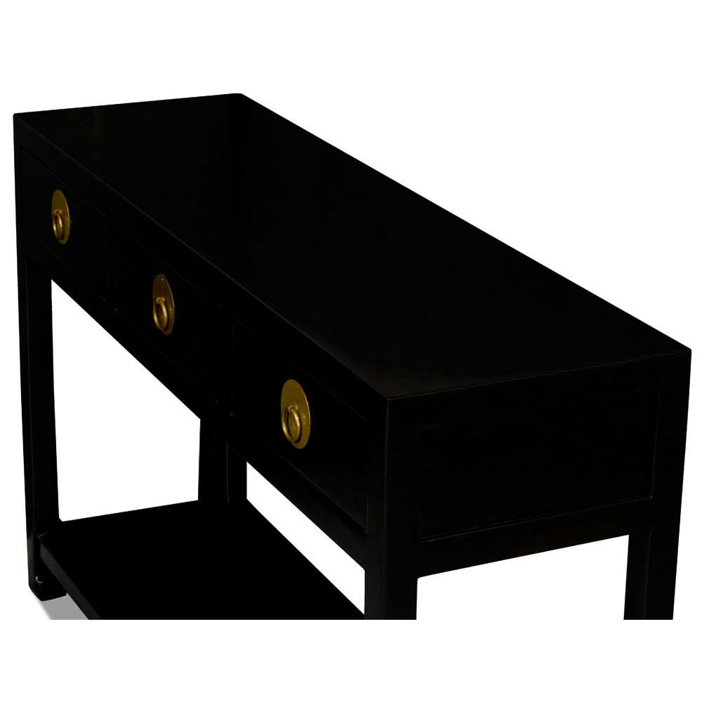 Matte Black Elmwood Chinese Ming Console Table with 3 Drawers and Shelf