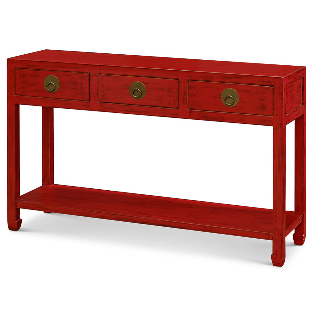 Distressed Red Elmwood Chinese Ming Console Table  with 3 Drawers and Shelf