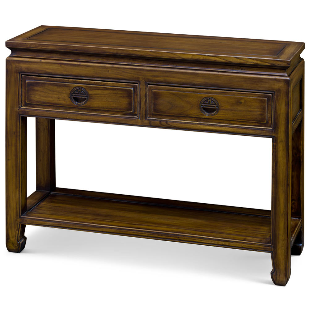 Distressed Mahogany Elmwood Chinese Longevity Console Table