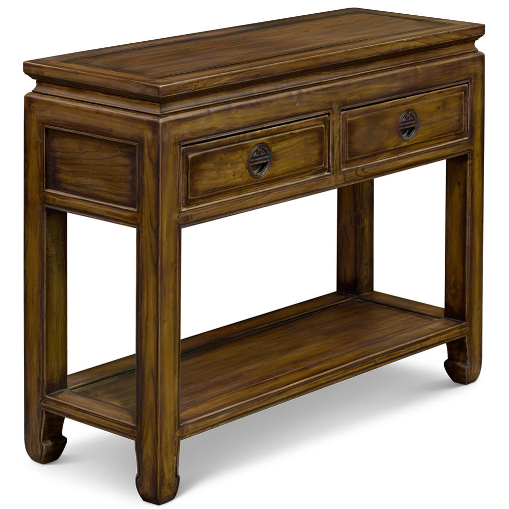 Distressed Mahogany Elmwood Chinese Longevity Console Table