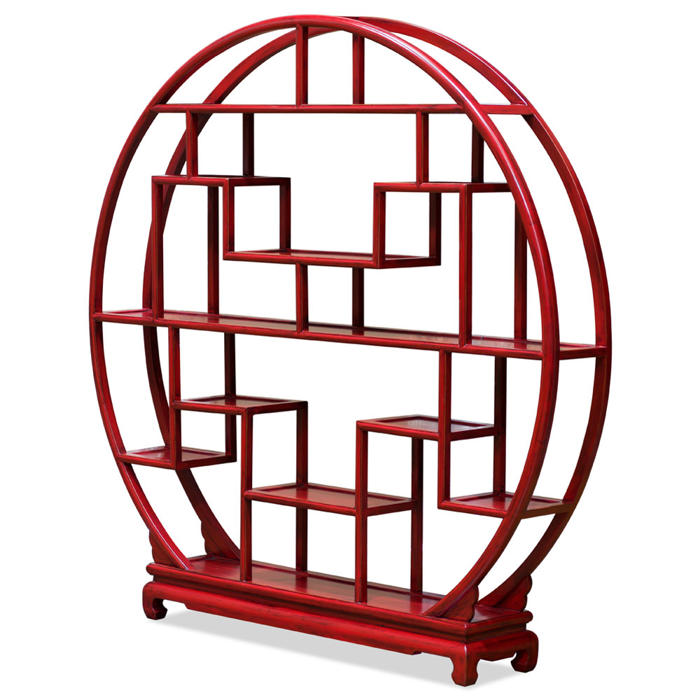 Distressed Red Grand Elmwood Asian Moon Curio Stand