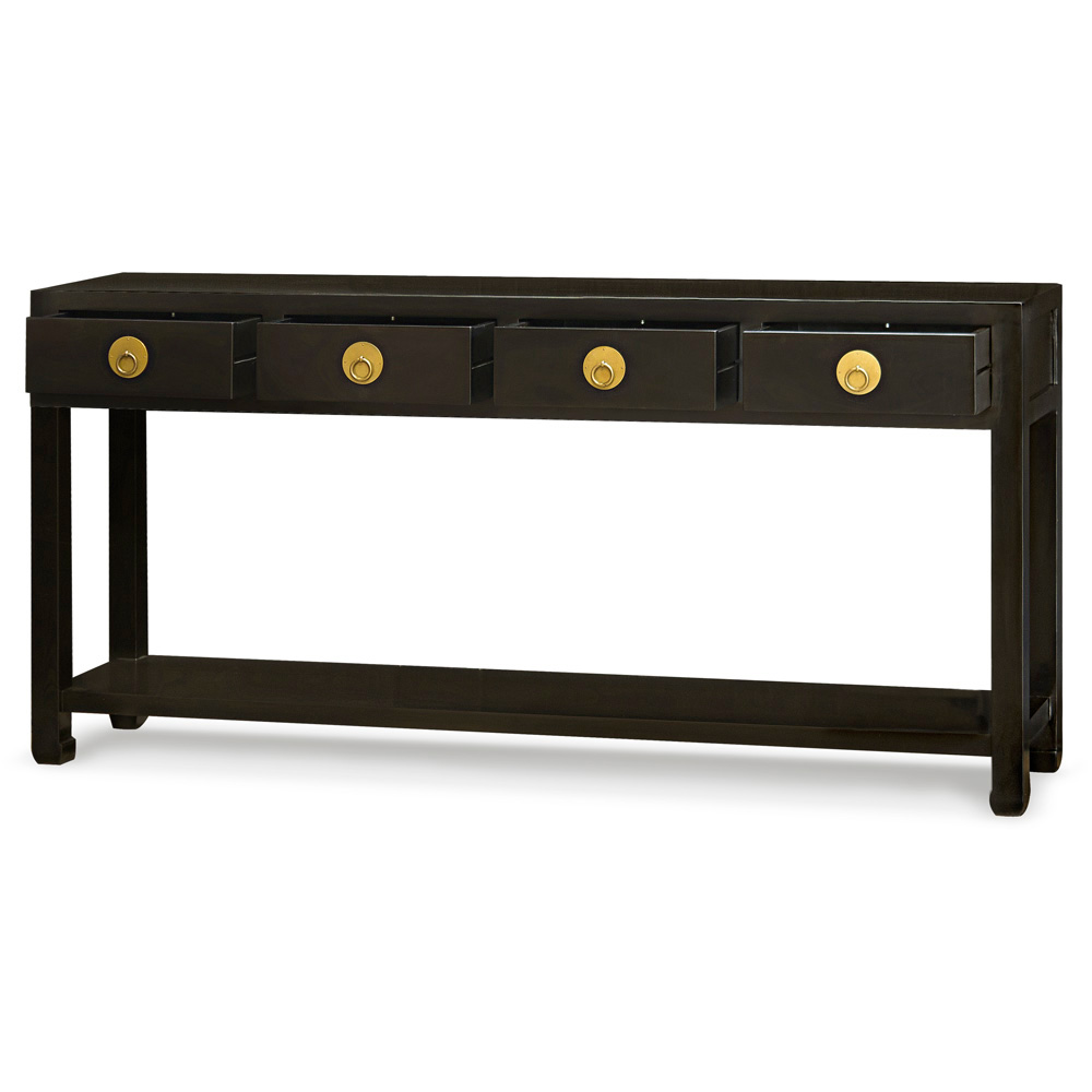 Matte Black Elmwood Ming Console Table  with 4 Drawers and Shelf