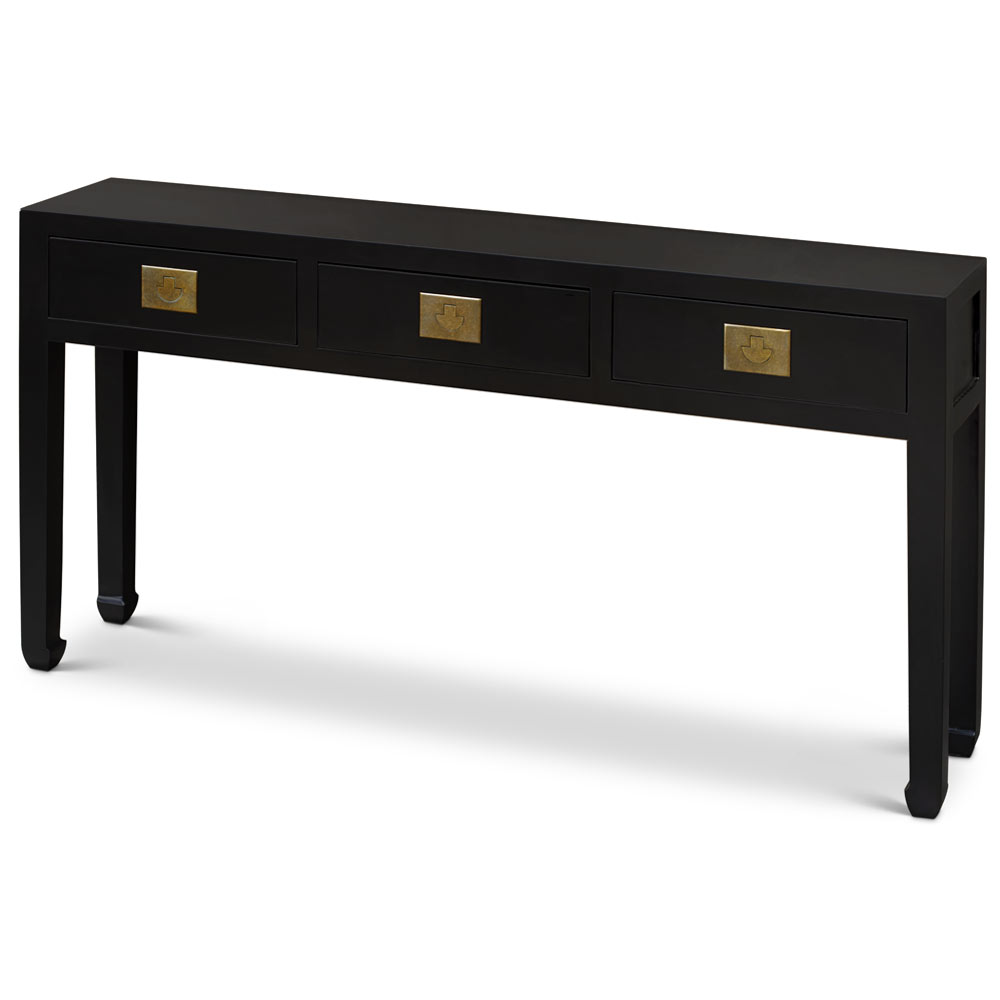 Matte Black Elmwood Chinese Ming Console Table with 3 Drawers