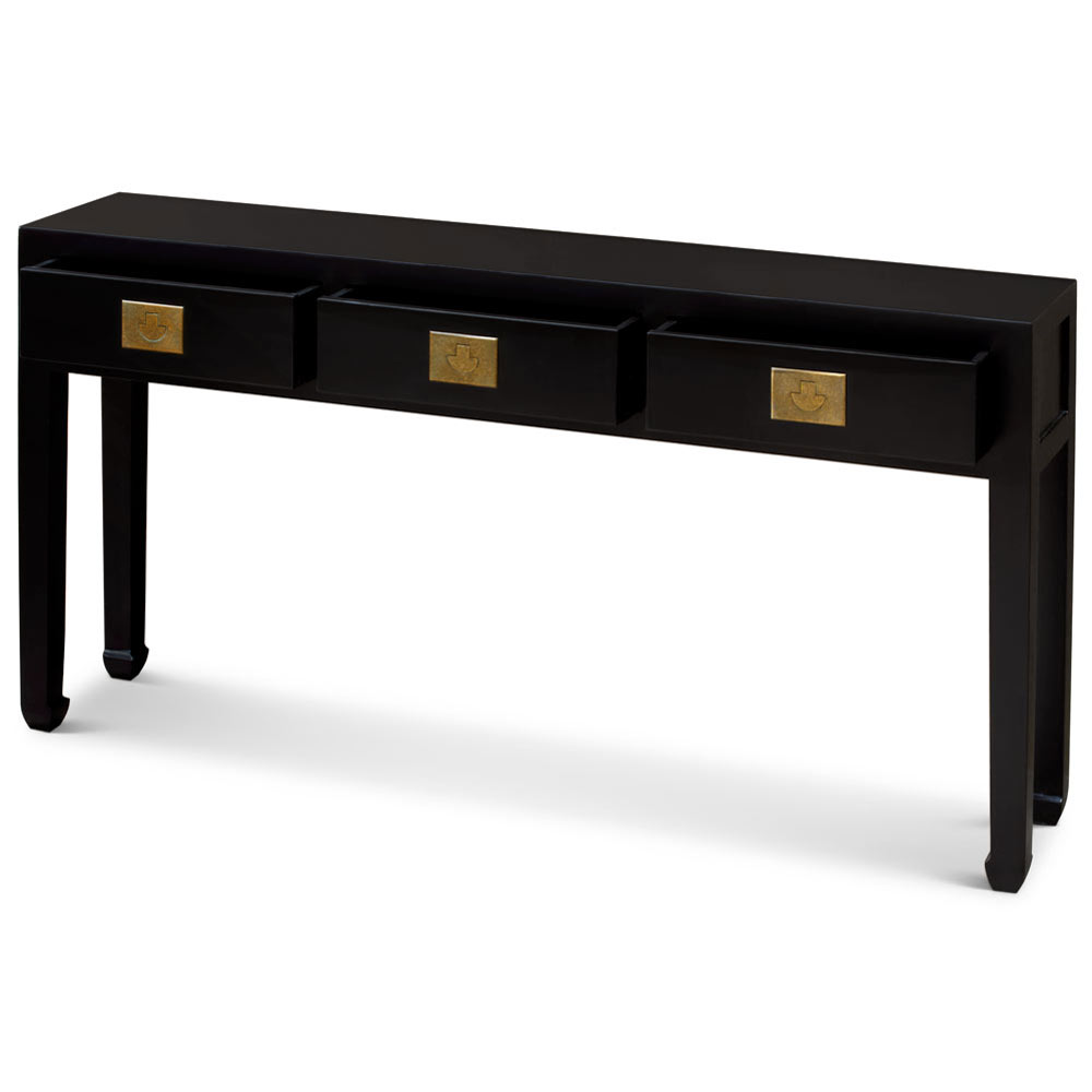 Matte Black Elmwood Chinese Ming Console Table with 3 Drawers