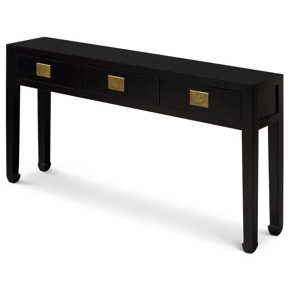 Matte Black Elmwood Chinese Ming Console Table with 3 Drawers