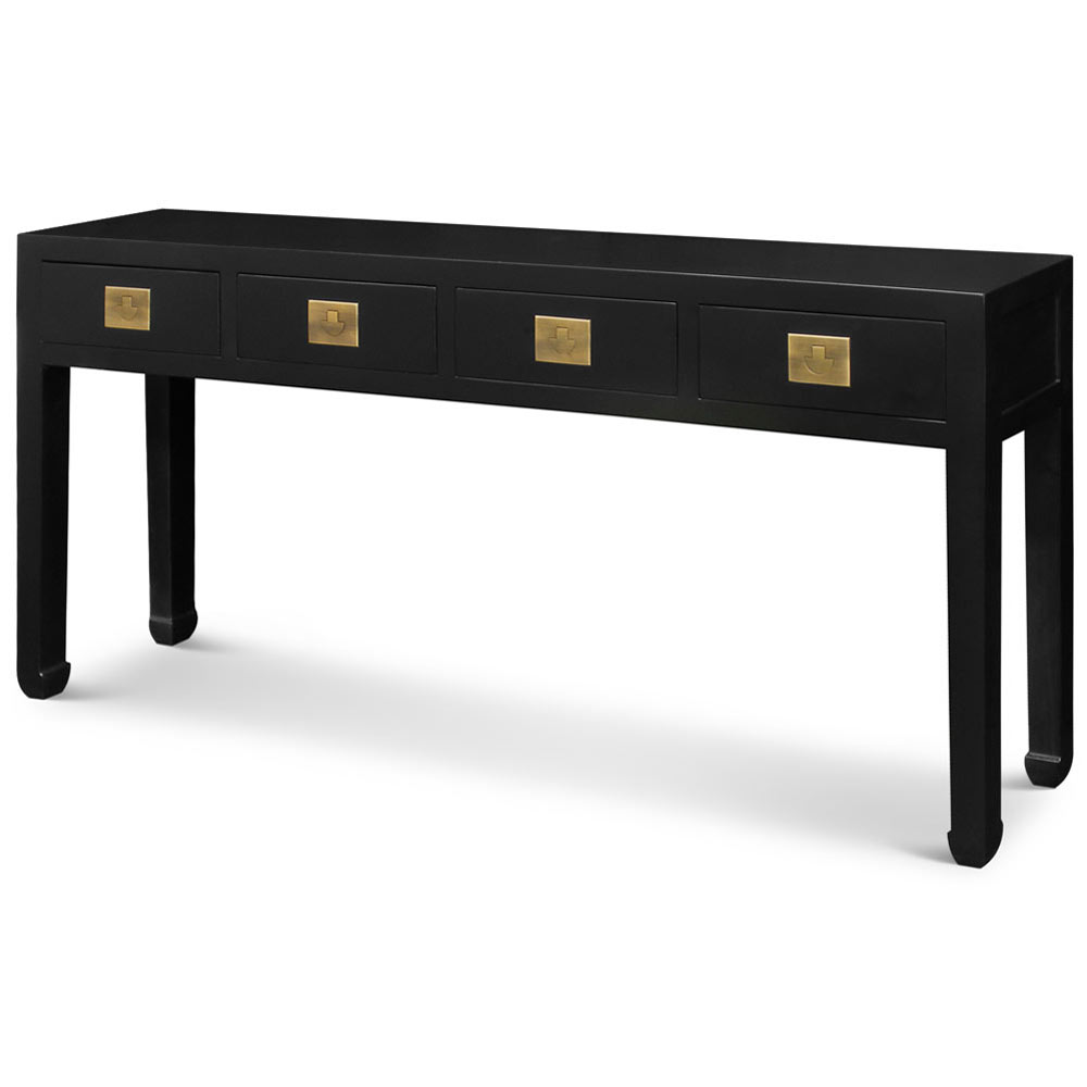 Matte Black Elmwood Chinese Ming Console Table with 4 Drawers