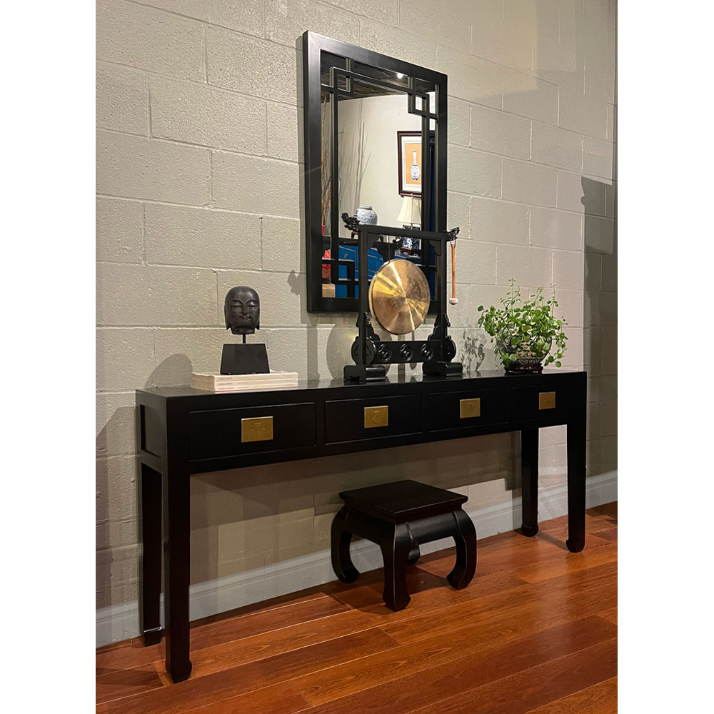 Matte Black Elmwood Chinese Ming Console Table with 4 Drawers