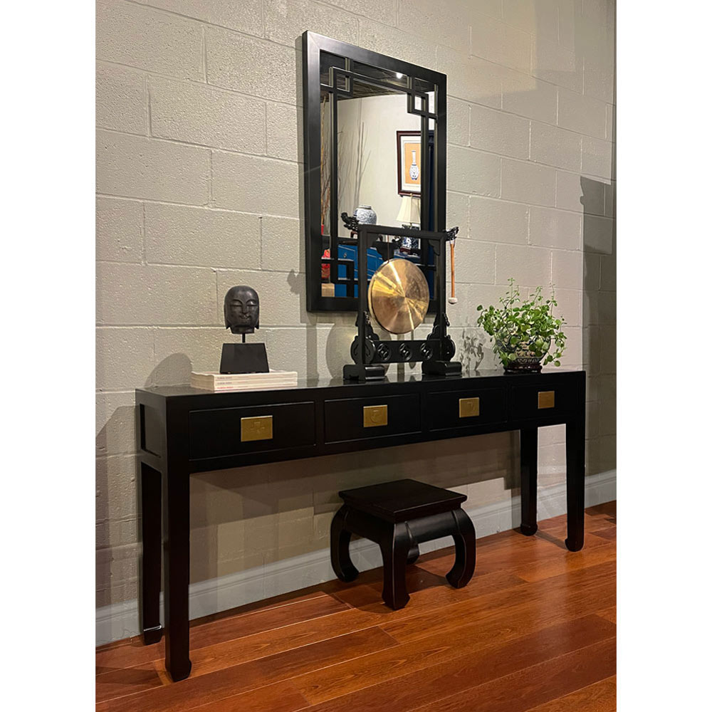 Matte Black Elmwood Chinese Ming Console Table with 4 Drawers