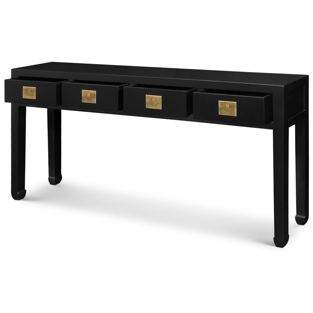 Matte Black Elmwood Chinese Ming Console Table with 4 Drawers