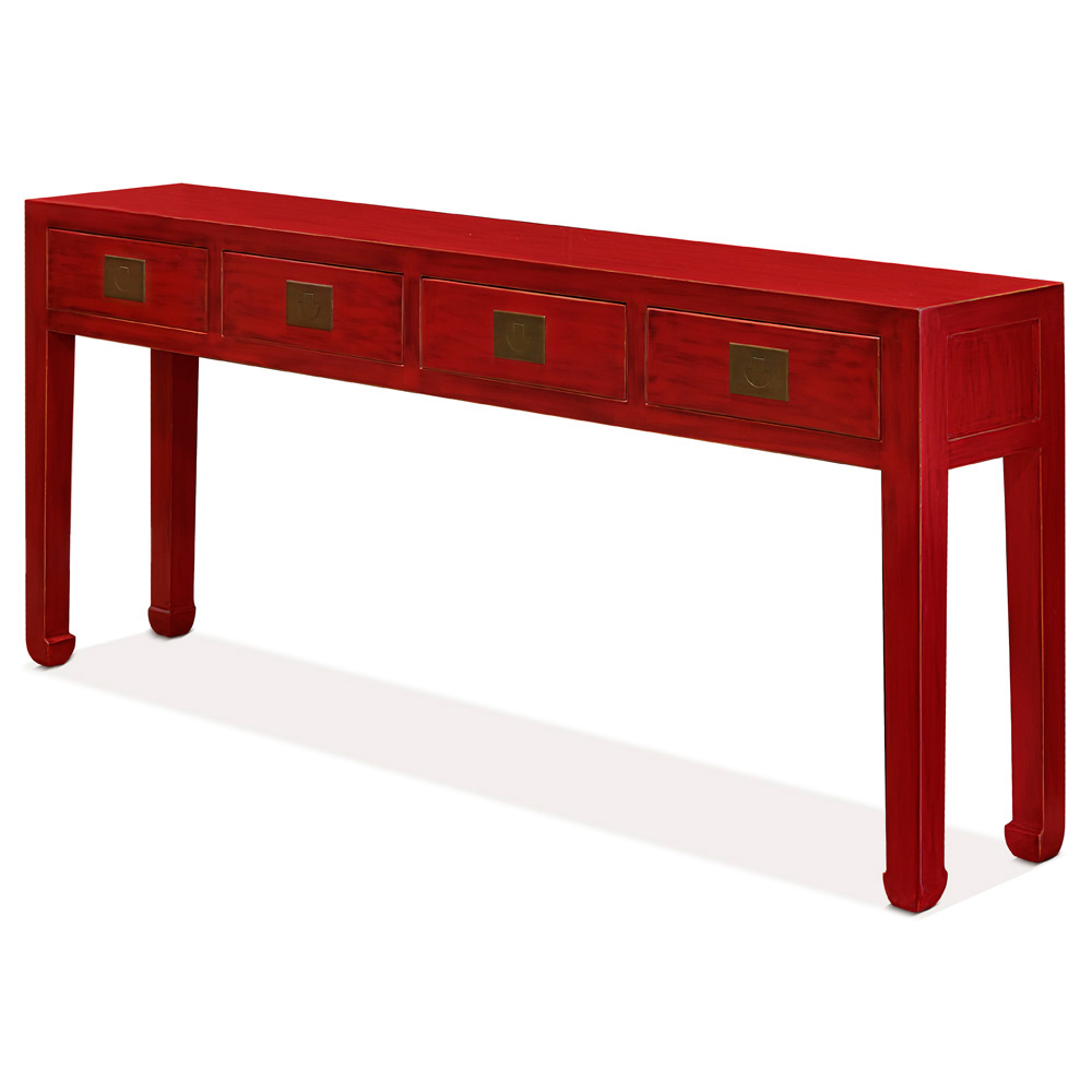 Distressed Red Grand Elmwood Chinese Ming Console Table with 4 Drawers