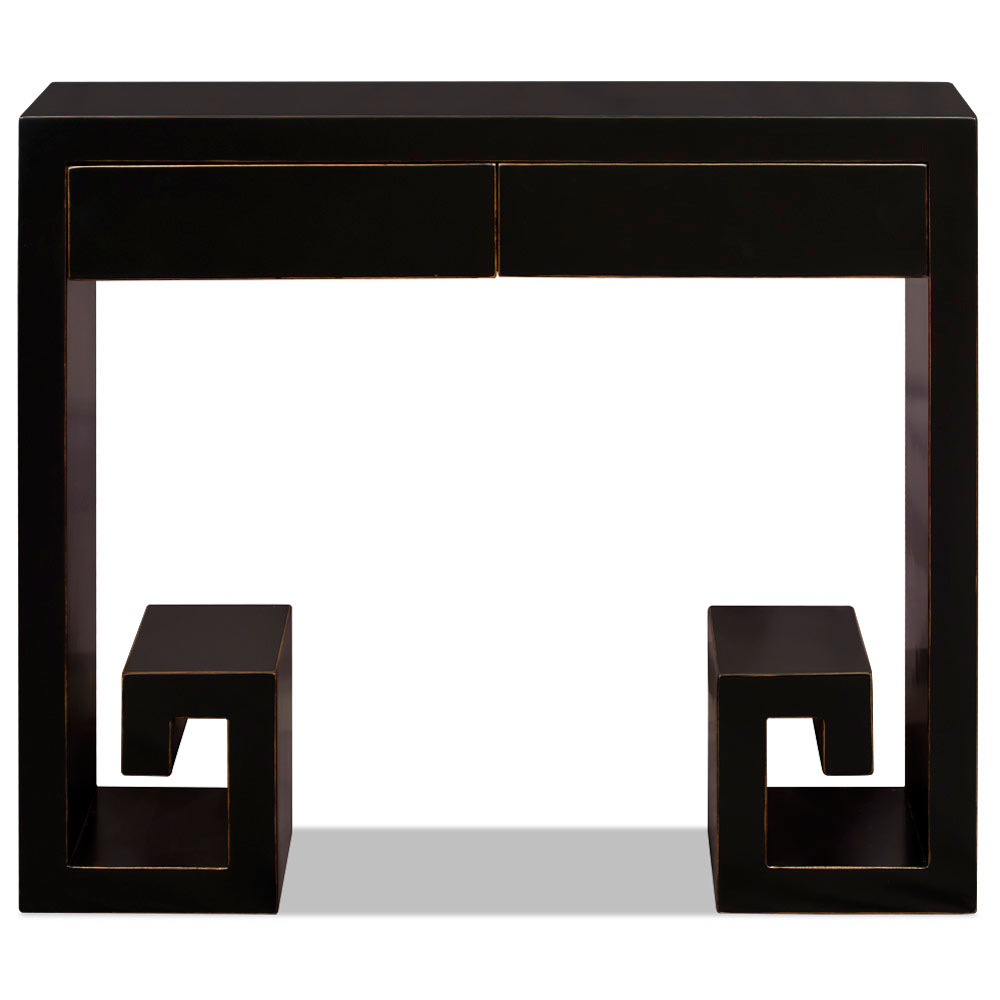 Distressed Black Elmwood Modern Chinese Console Table with Scroll Key Design