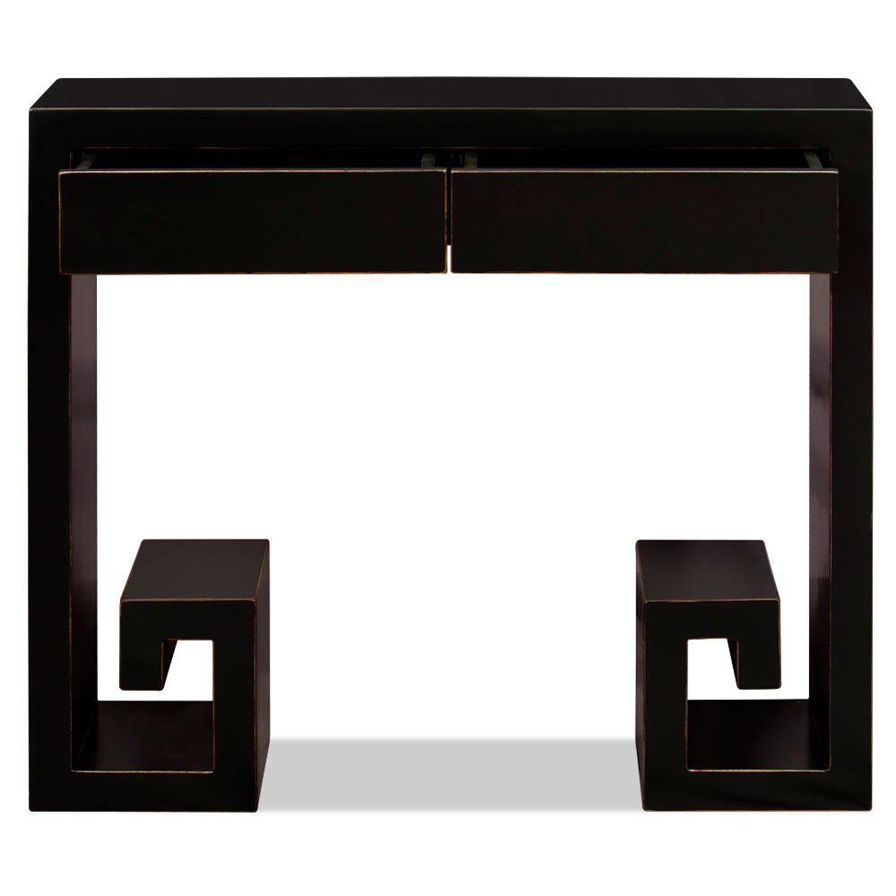 Distressed Black Elmwood Modern Chinese Console Table with Scroll Key Design