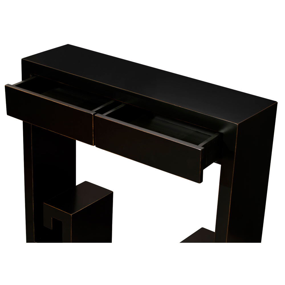 Distressed Black Elmwood Modern Chinese Console Table with Scroll Key Design