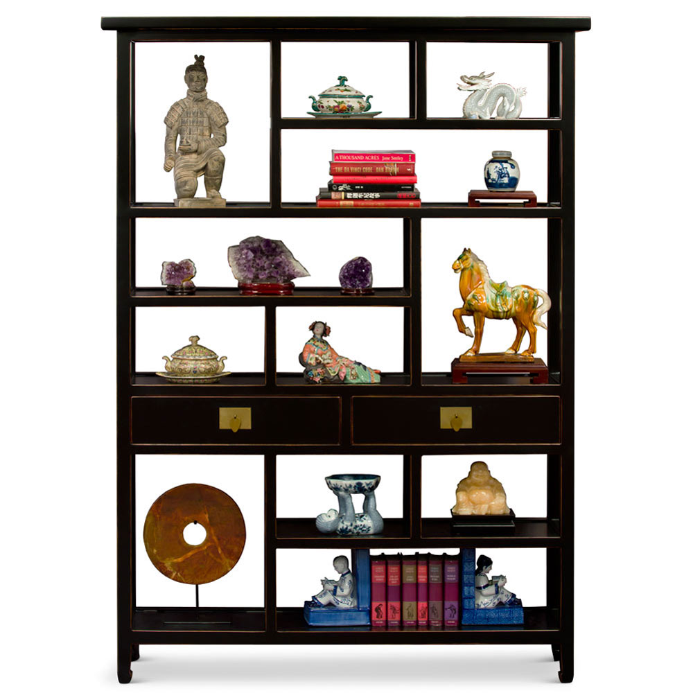 Distressed Black Elmwood Asian Curio Display Bookshelf