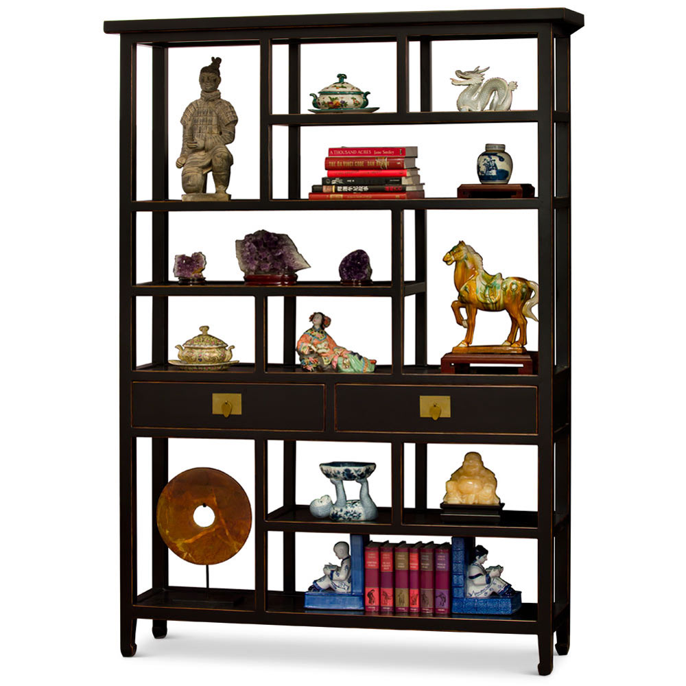 Distressed Black Elmwood Asian Curio Display Bookshelf