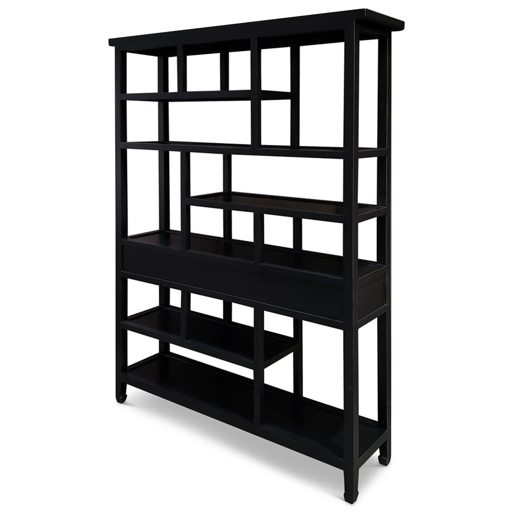 Distressed Black Elmwood Asian Curio Display Bookshelf
