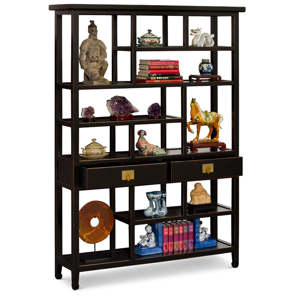 Distressed Black Elmwood Asian Curio Display Bookshelf