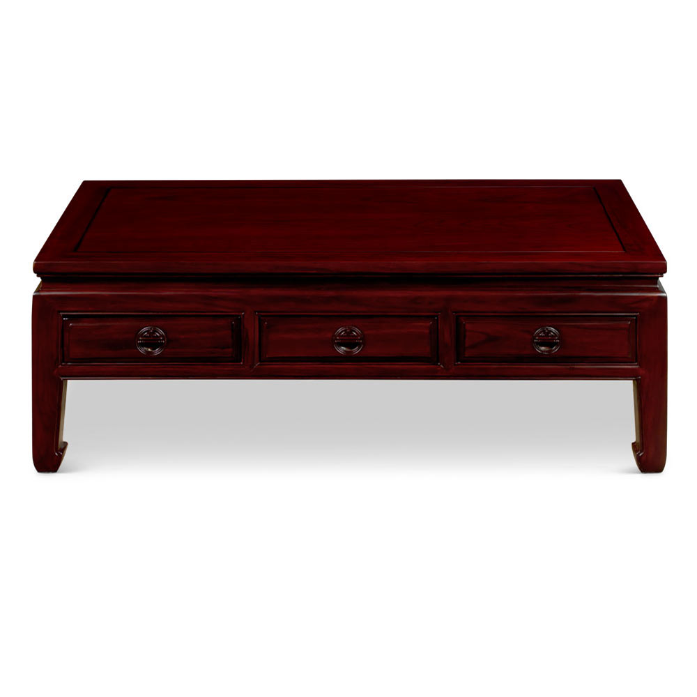 Dark Cherry Finish Elmwood Rectangular Chinese Ming Coffee Table with Three Drawers