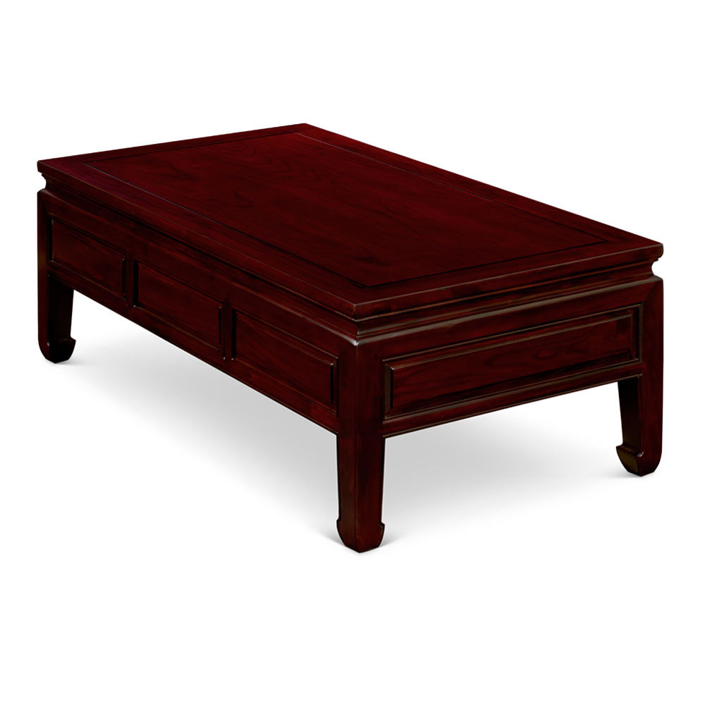 Dark Cherry Finish Elmwood Rectangular Chinese Ming Coffee Table with Three Drawers