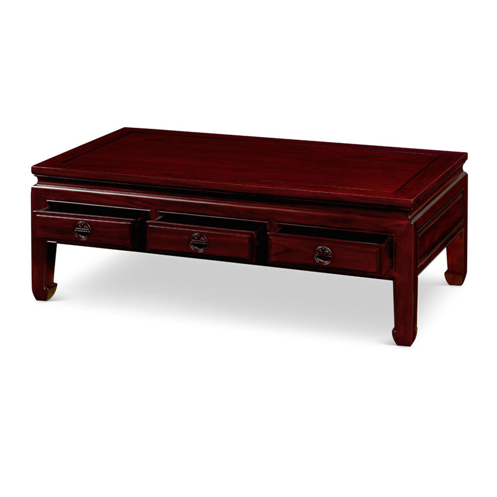 Dark Cherry Finish Elmwood Rectangular Chinese Ming Coffee Table with Three Drawers