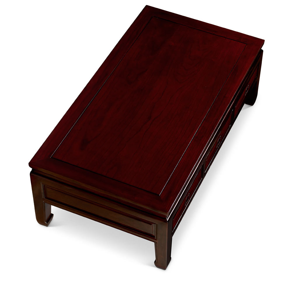 Dark Cherry Finish Elmwood Rectangular Chinese Ming Coffee Table with Three Drawers