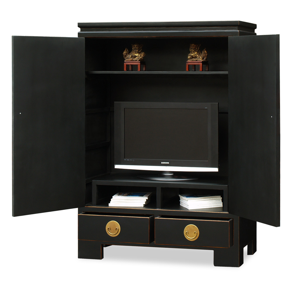 Distressed Black Elmwood Chinese Ming TV Armoire