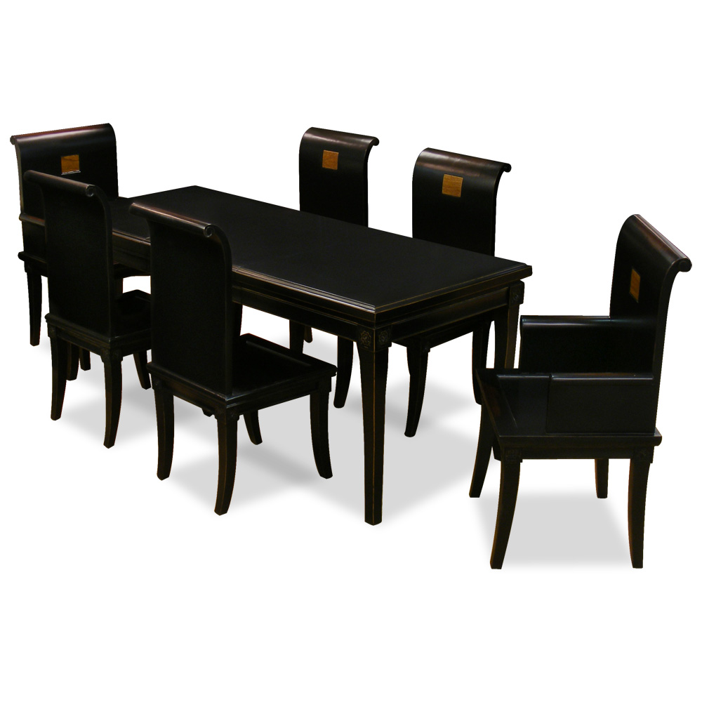 Distressed Black Elmwood Zhou Yi Design Rectangle Oriental Dining Set with 6 Chairs