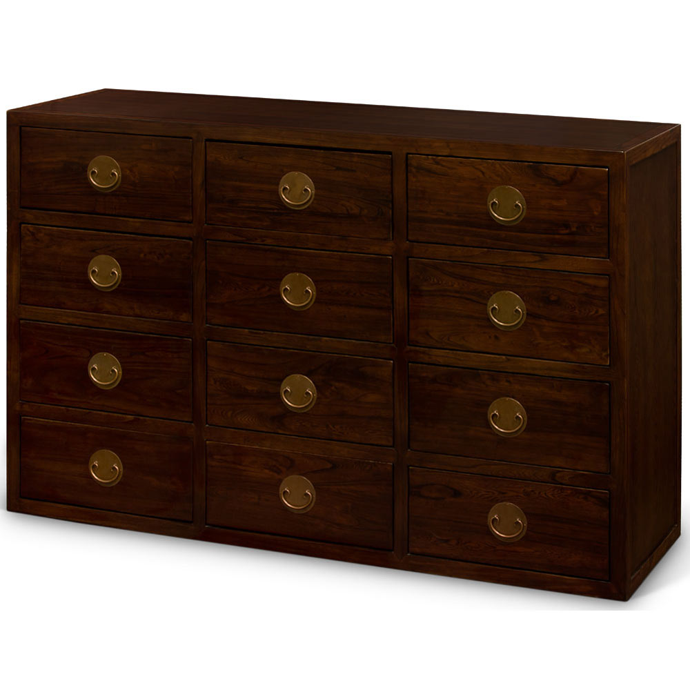 Dark Espresso Elmwood Chinese Ming Chest of 12 Drawers